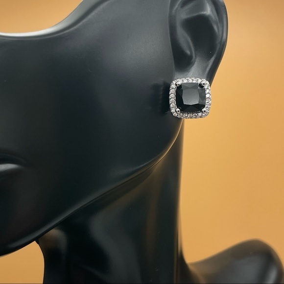 925 Sterling Silver Cushion Cut Black Onyx Diamond Halo Elegant Stud Earrings - Picture 2 of 15